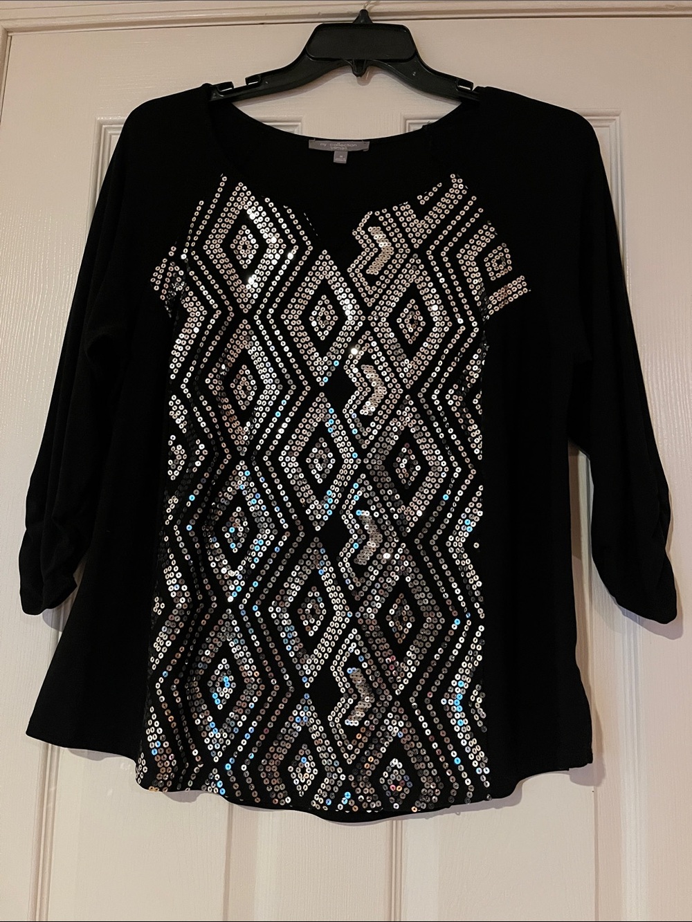NY Collection Black Long Sleeve Top with Silver Sequin Geometric Pattern